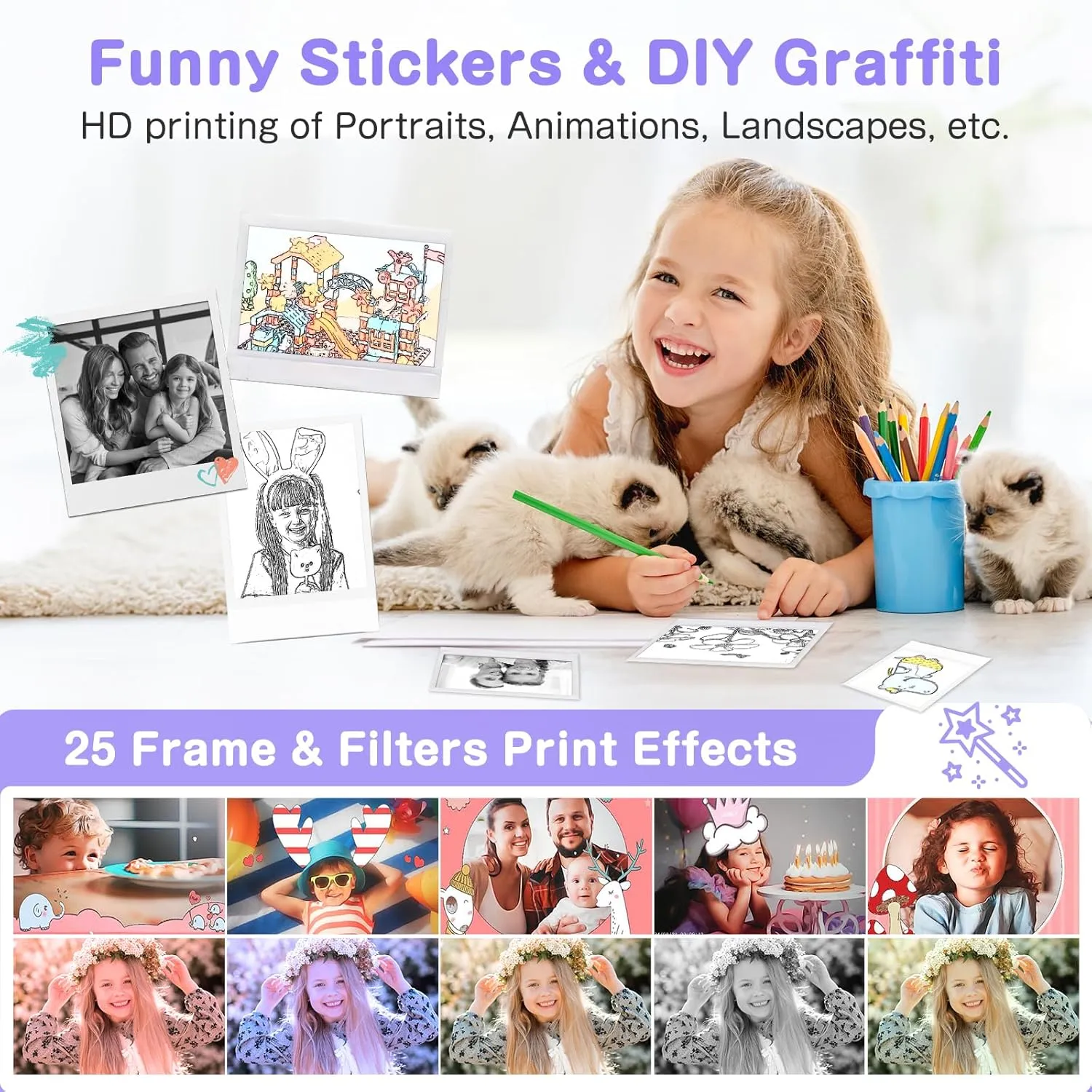 Kids Camera Instant Print, Dual-Lens 48MP Digital Camera for Christmas Birthday Gifts, 1080P Selfie Instant Cameras for Kids with 32GB Card, Print Digital Cameras for Girls Boys-Purple