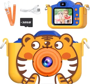 Kids Camera, Toddler Digital Camera, Tiger Dual Cameras, 1080P Video and Dual Cameras, 6 Kinds of Filters with 32GB SD Card, Christmas Birthday Present for 3   Year Old Girls Boys