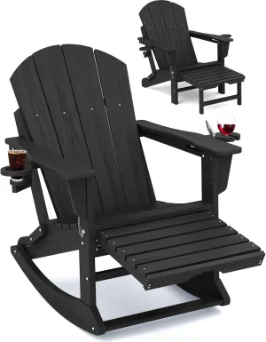 KINGYES Adirondack Rocking Chair with Retractable Ottoman and Cup Holders, HDPE Adirondack Rocker Patio Rocking Chair for Porch, Patio, Balcony, Black