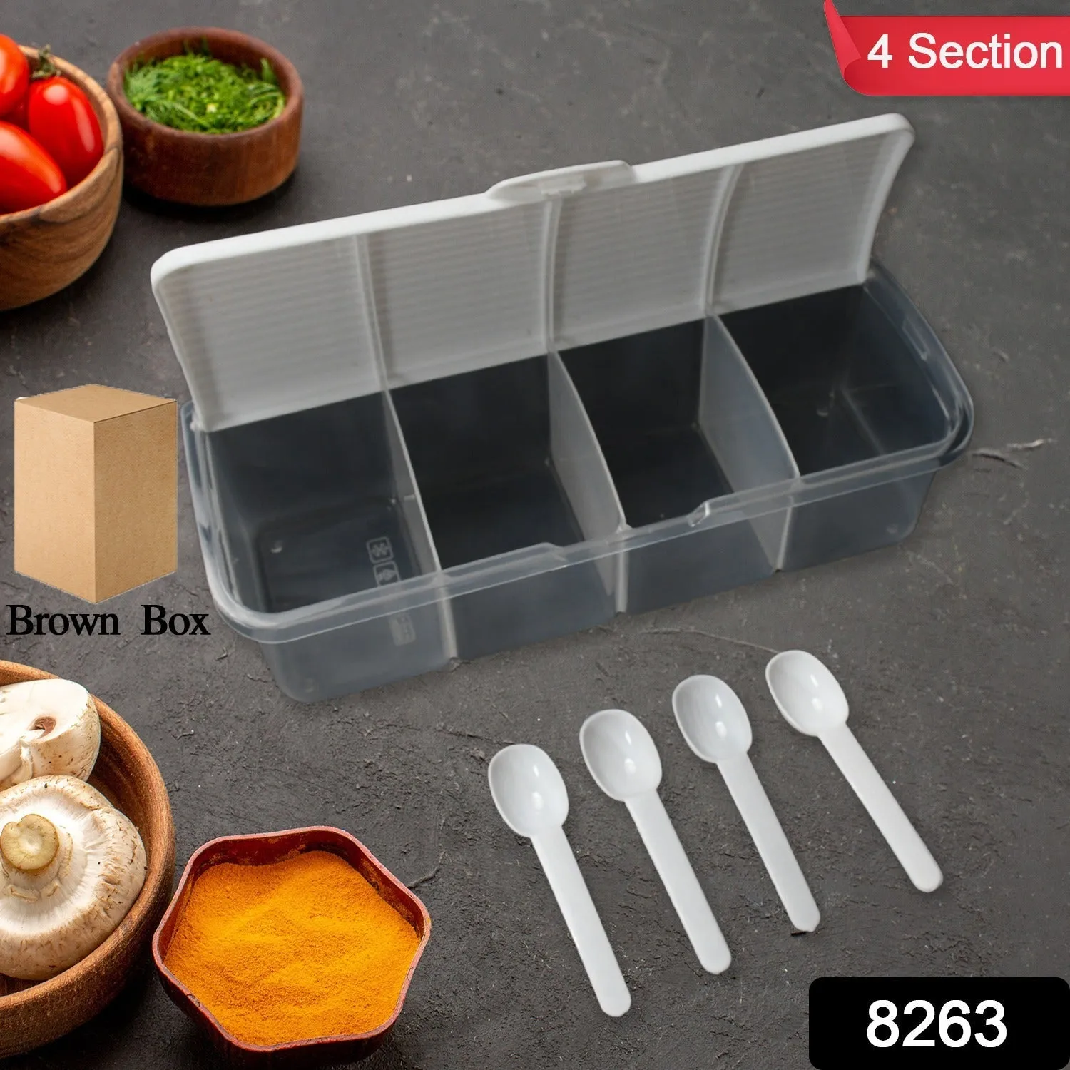 Kitchen Multipurpose Air-tight 4 Sections Storage Containers / Masala BoxPickle (Achar) Jar with 4 spoon for each section (1 Pc / Mix Color)