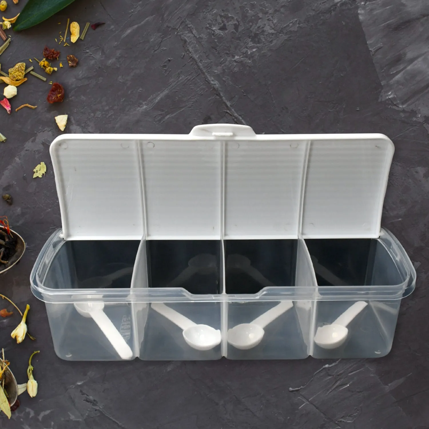 Kitchen Multipurpose Air-tight 4 Sections Storage Containers / Masala BoxPickle (Achar) Jar with 4 spoon for each section (1 Pc / Mix Color)