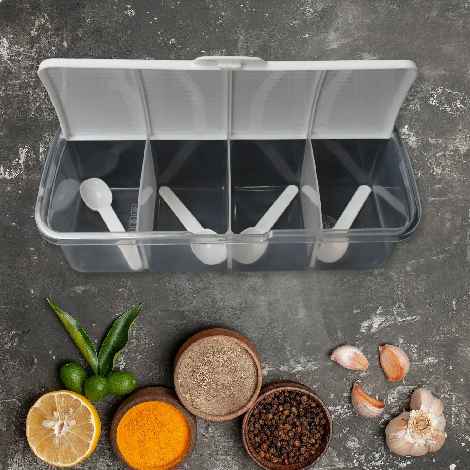 Kitchen Multipurpose Air-tight 4 Sections Storage Containers / Masala BoxPickle (Achar) Jar with 4 spoon for each section (1 Pc / Mix Color)