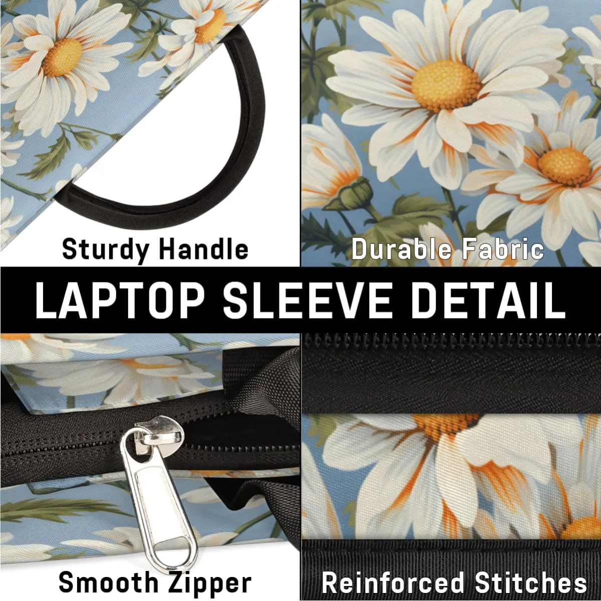 Laptop Case Sleeve, 15 15.6 16 inch Water Resistant Durable Laptop Computer Case Briefcase Carrying Bag with Handle, Decorative Daisy Floral Print