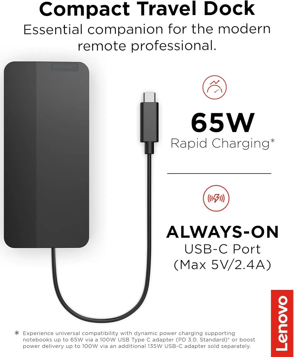 Lenovo USB-C Dual Display Travel Dock - 7 Ports, Integrated USB-C Cable, Universal Compatibility, Dual Displays at 4K - Black