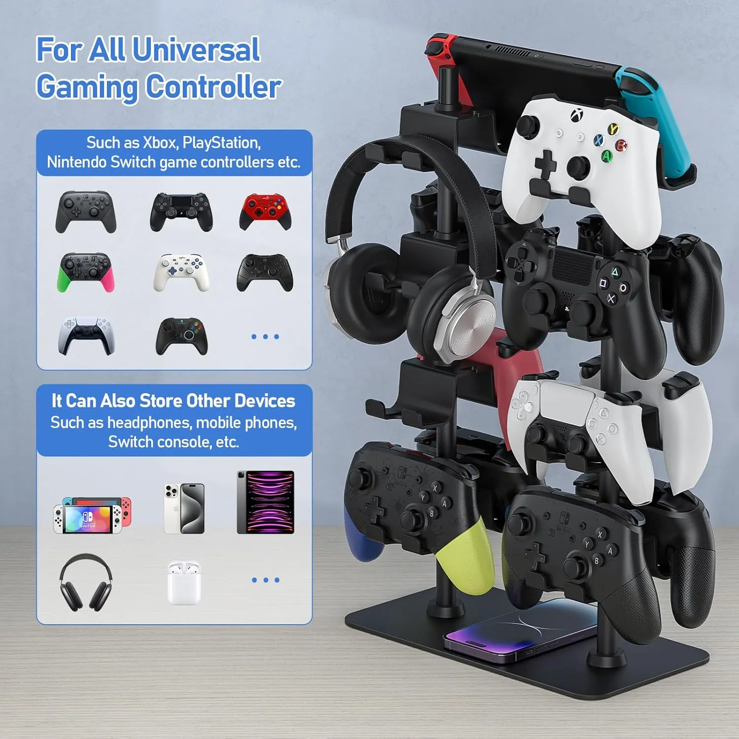 MANMUVIMO Controller Holder for 16 Xbox PS5 PS4 Switch Pro Gaming Controller, Video Game Controller Holder Headphone Stand for Desk, Gamer Gifts for Men, Gaming Room Accessories Maximum Organizer Rack