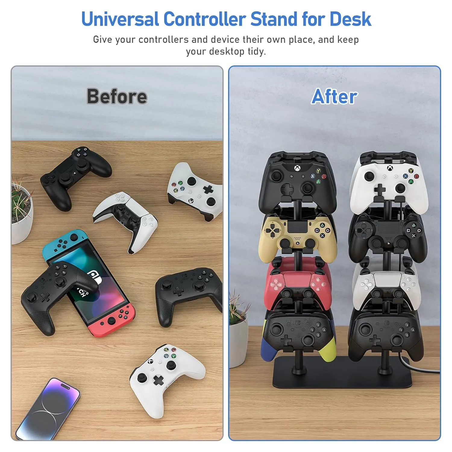 MANMUVIMO Controller Holder for 16 Xbox PS5 PS4 Switch Pro Gaming Controller, Video Game Controller Holder Headphone Stand for Desk, Gamer Gifts for Men, Gaming Room Accessories Maximum Organizer Rack