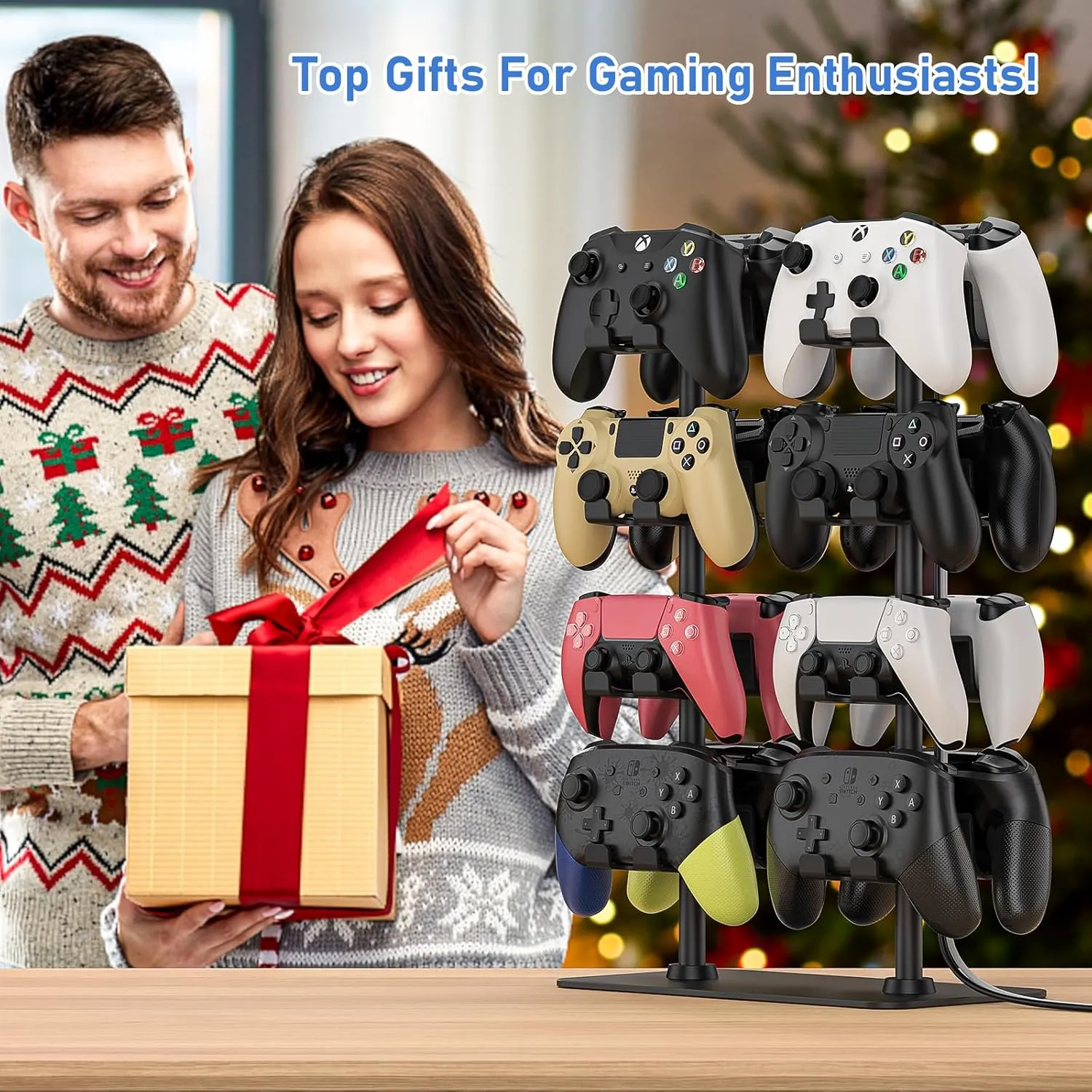 MANMUVIMO Controller Holder for 16 Xbox PS5 PS4 Switch Pro Gaming Controller, Video Game Controller Holder Headphone Stand for Desk, Gamer Gifts for Men, Gaming Room Accessories Maximum Organizer Rack