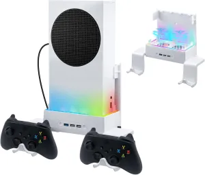 Mcbazel Wall Mount for Xbox Series S, Wall Mount Kit Accessories with Dual Cooling Fans & RGB Light, 3-Speed Adjustable Stand, Extra USB Ports, 2 Controller Holder for Xbox Series S Console - White