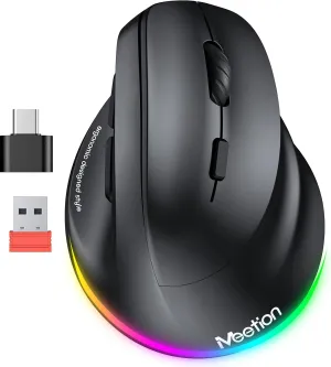 MEETION Ergonomic Mouse, Wireless Vertical Mouse RGB Backlit Rechargeable Mice for Bluetooth(5.2   3.0) & USB-A with USB-C Adapter 4 Adjustable DPI for Mac/Windows/Andriod/PC/Tablet/iPad Black