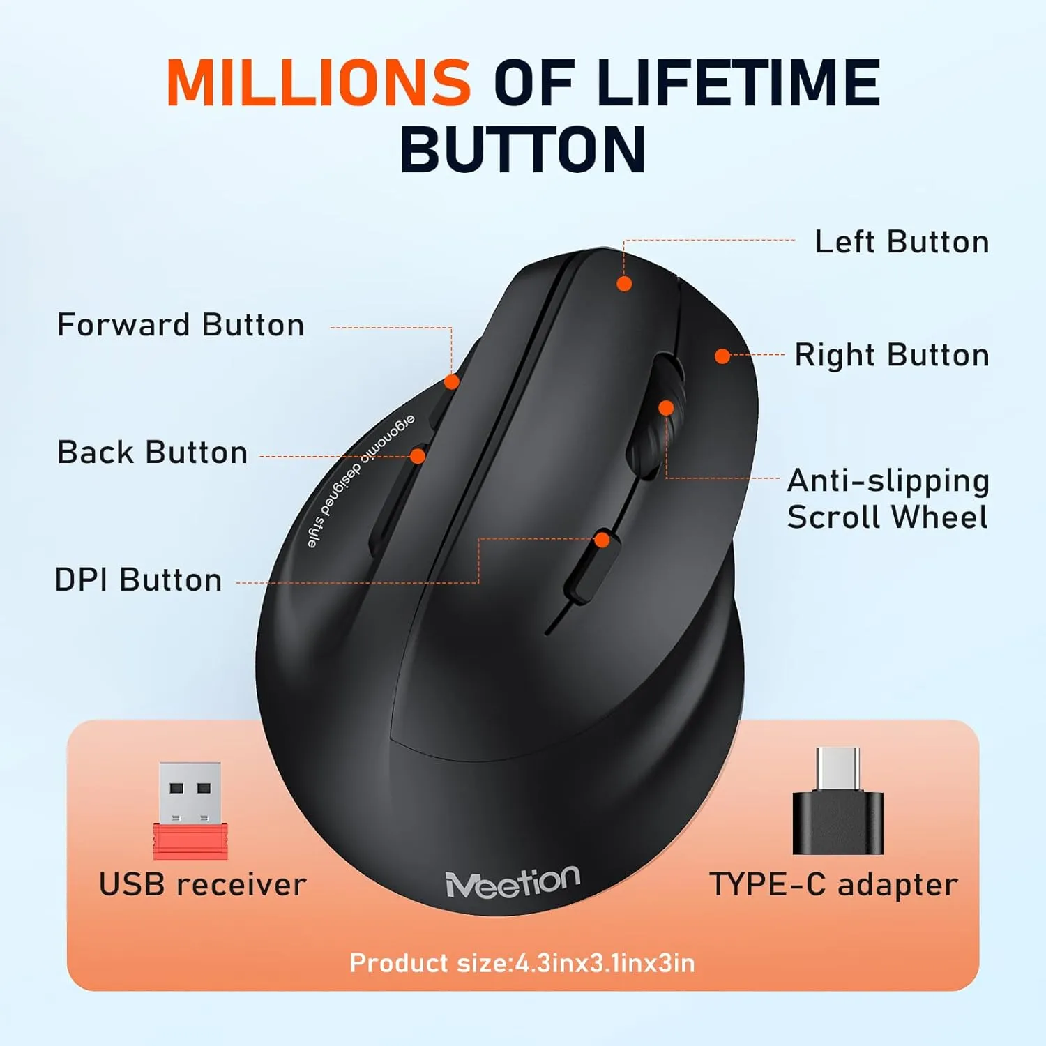 MEETION Ergonomic Mouse, Wireless Vertical Mouse RGB Backlit Rechargeable Mice for Bluetooth(5.2   3.0) & USB-A with USB-C Adapter 4 Adjustable DPI for Mac/Windows/Andriod/PC/Tablet/iPad Black