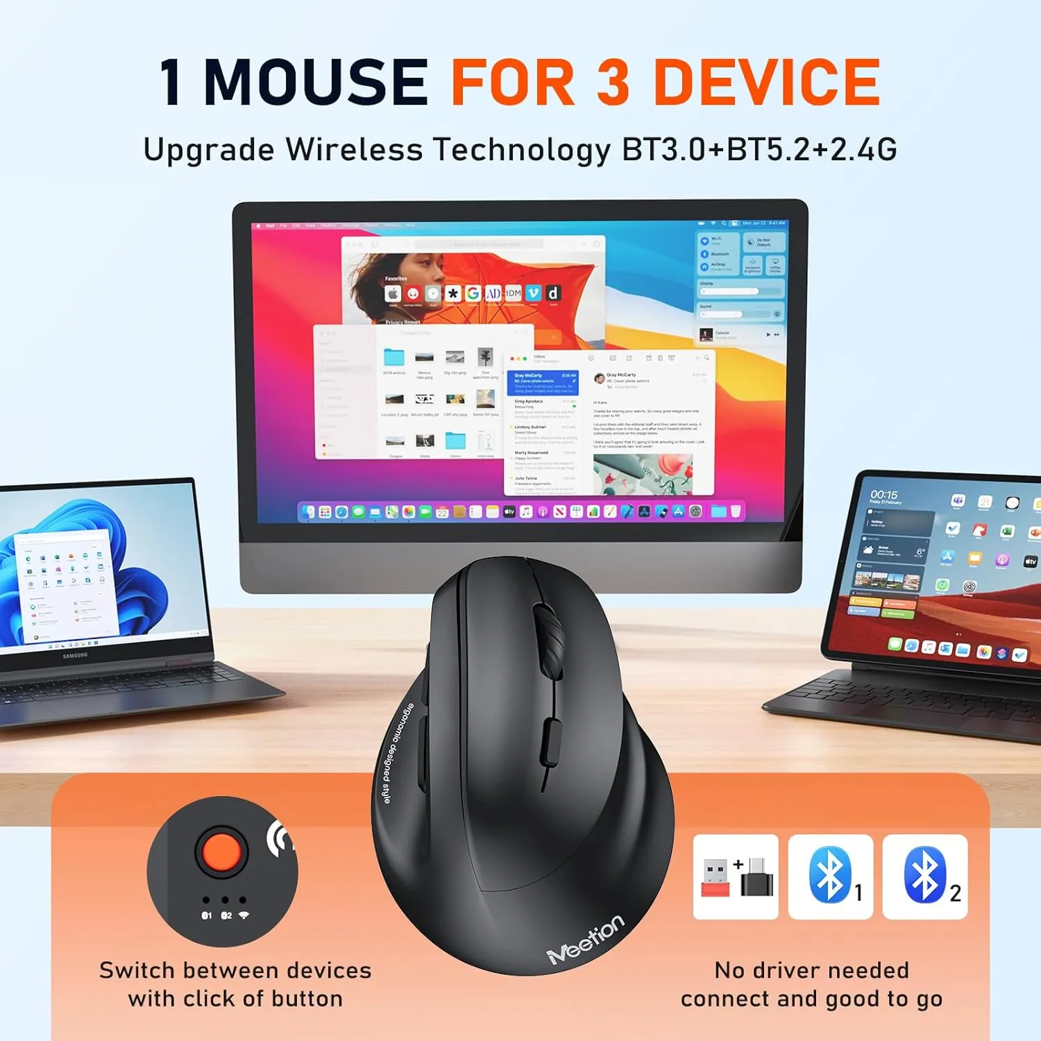 MEETION Ergonomic Mouse, Wireless Vertical Mouse RGB Backlit Rechargeable Mice for Bluetooth(5.2   3.0) & USB-A with USB-C Adapter 4 Adjustable DPI for Mac/Windows/Andriod/PC/Tablet/iPad Black