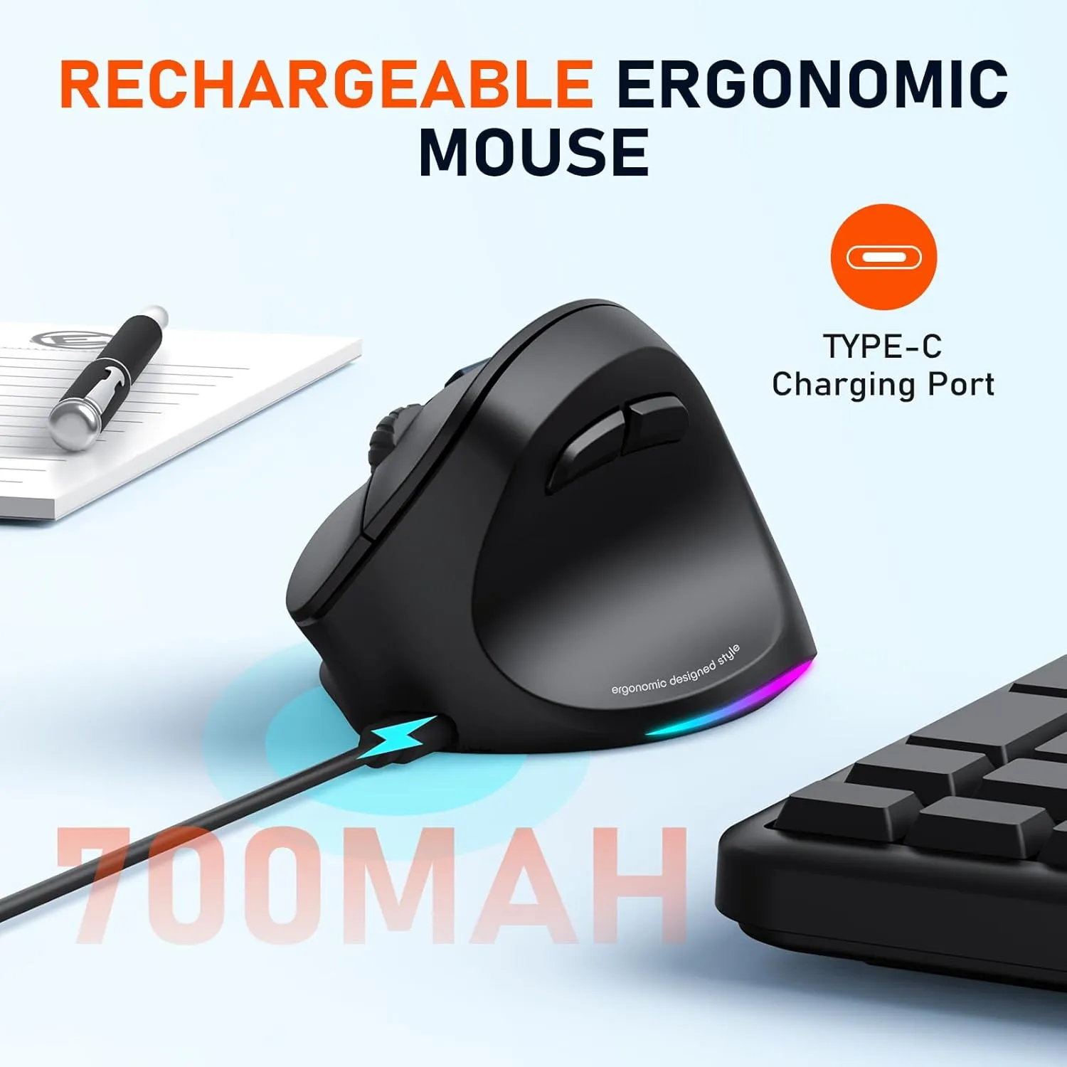 MEETION Ergonomic Mouse, Wireless Vertical Mouse RGB Backlit Rechargeable Mice for Bluetooth(5.2   3.0) & USB-A with USB-C Adapter 4 Adjustable DPI for Mac/Windows/Andriod/PC/Tablet/iPad Black