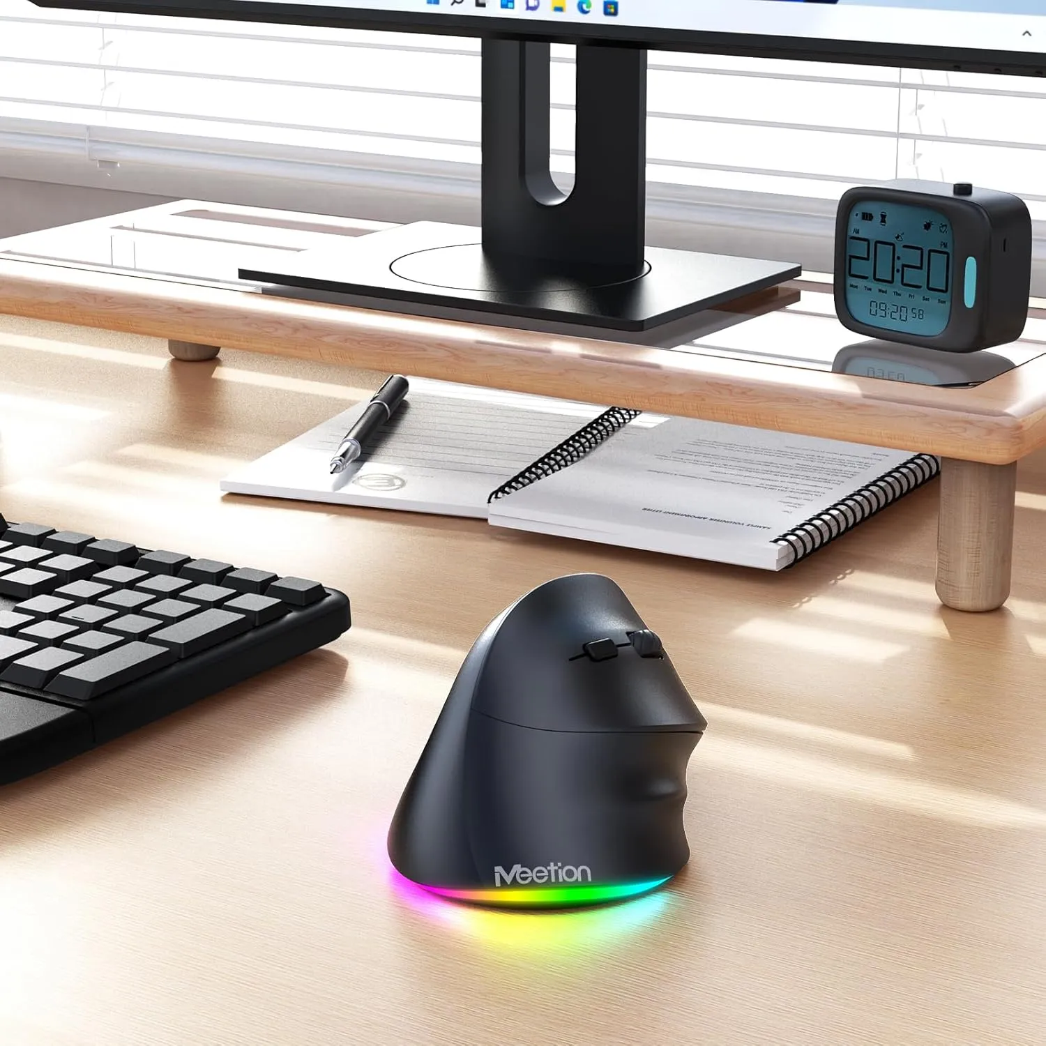 MEETION Ergonomic Mouse, Wireless Vertical Mouse RGB Backlit Rechargeable Mice for Bluetooth(5.2   3.0) & USB-A with USB-C Adapter 4 Adjustable DPI for Mac/Windows/Andriod/PC/Tablet/iPad Black