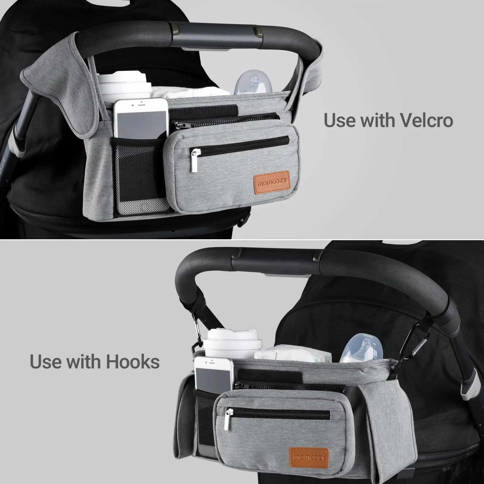Momcozy Universal Baby Stroller Organizer, 2 Insulated Cup Holder, Detachable Zippered Pocket, Adjustable Shoulder Strap, Large capacity for baby essentials, Compact Design Fits Any Strollers