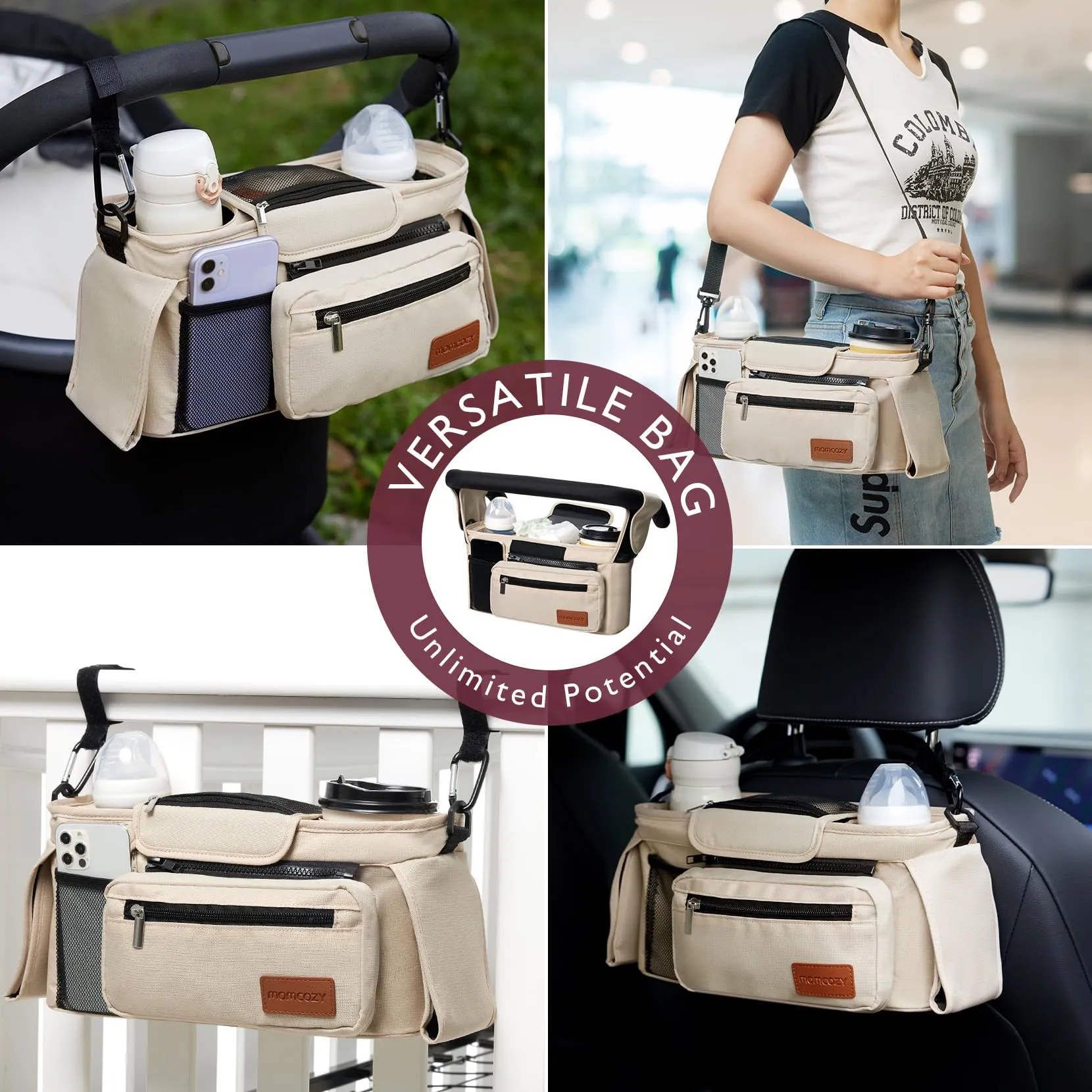 Momcozy Universal Baby Stroller Organizer, 2 Insulated Cup Holder, Detachable Zippered Pocket, Adjustable Shoulder Strap, Large capacity for baby essentials, Compact Design Fits Any Strollers