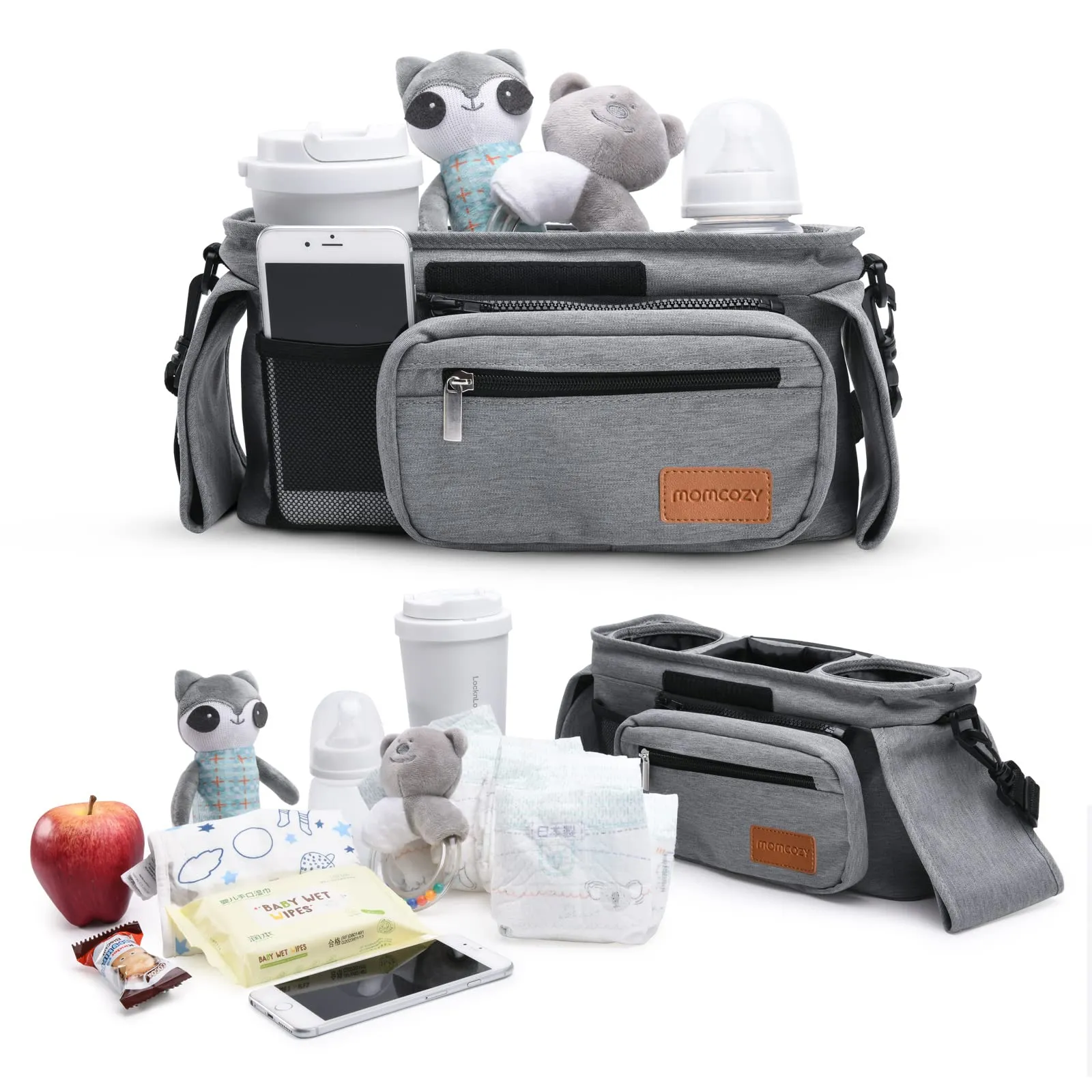 Momcozy Universal Baby Stroller Organizer, 2 Insulated Cup Holder, Detachable Zippered Pocket, Adjustable Shoulder Strap, Large capacity for baby essentials, Compact Design Fits Any Strollers
