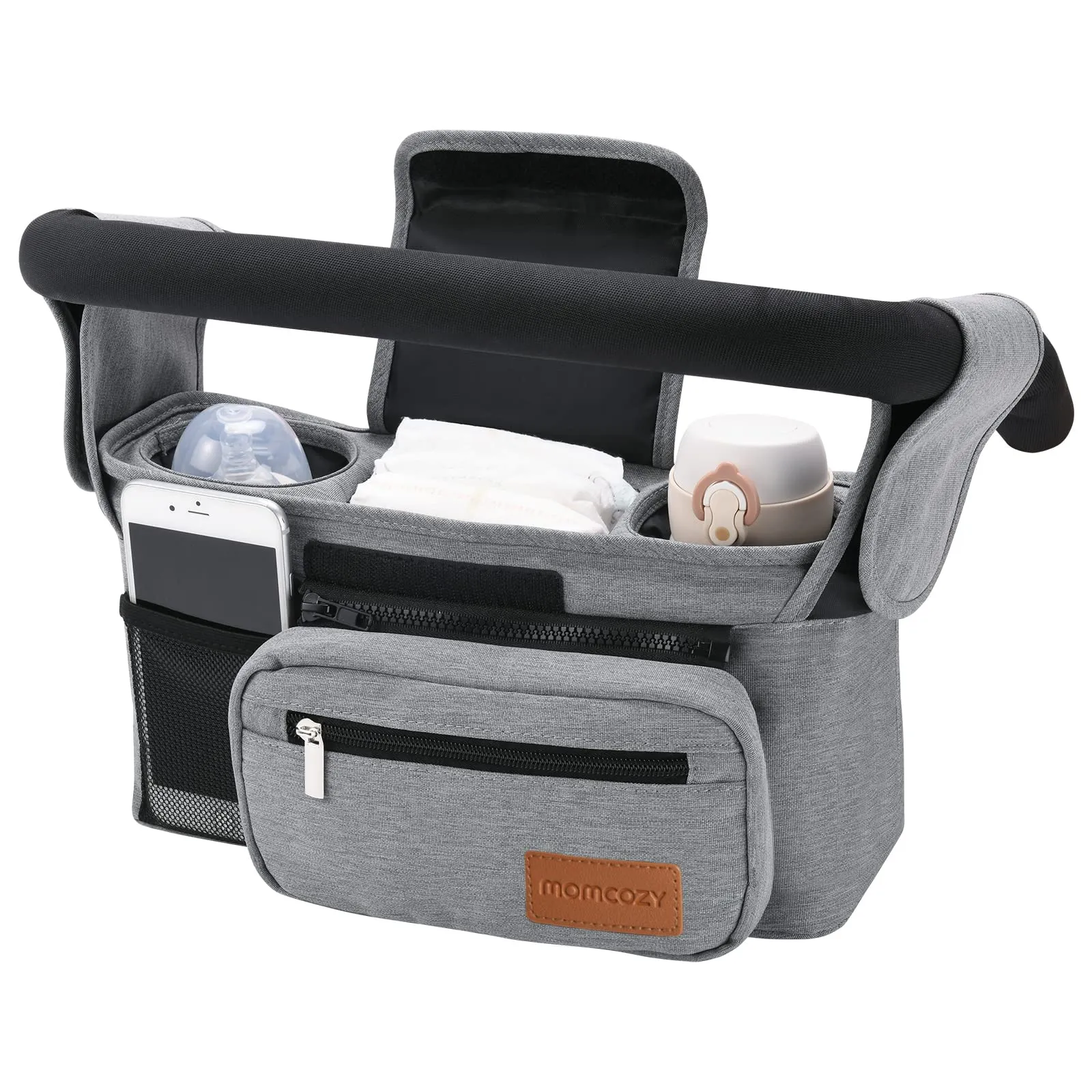 Momcozy Universal Baby Stroller Organizer, 2 Insulated Cup Holder, Detachable Zippered Pocket, Adjustable Shoulder Strap, Large capacity for baby essentials, Compact Design Fits Any Strollers