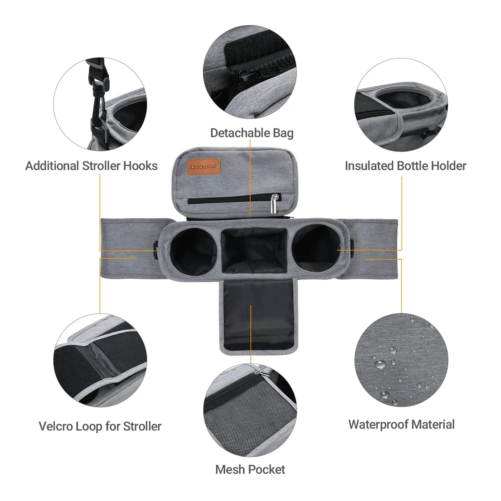 Momcozy Universal Baby Stroller Organizer, 2 Insulated Cup Holder, Detachable Zippered Pocket, Adjustable Shoulder Strap, Large capacity for baby essentials, Compact Design Fits Any Strollers