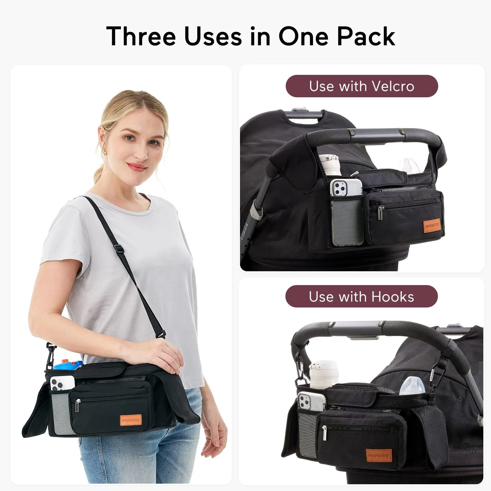 Momcozy Universal Baby Stroller Organizer, 2 Insulated Cup Holder, Detachable Zippered Pocket, Adjustable Shoulder Strap, Large capacity for baby essentials, Compact Design Fits Any Strollers