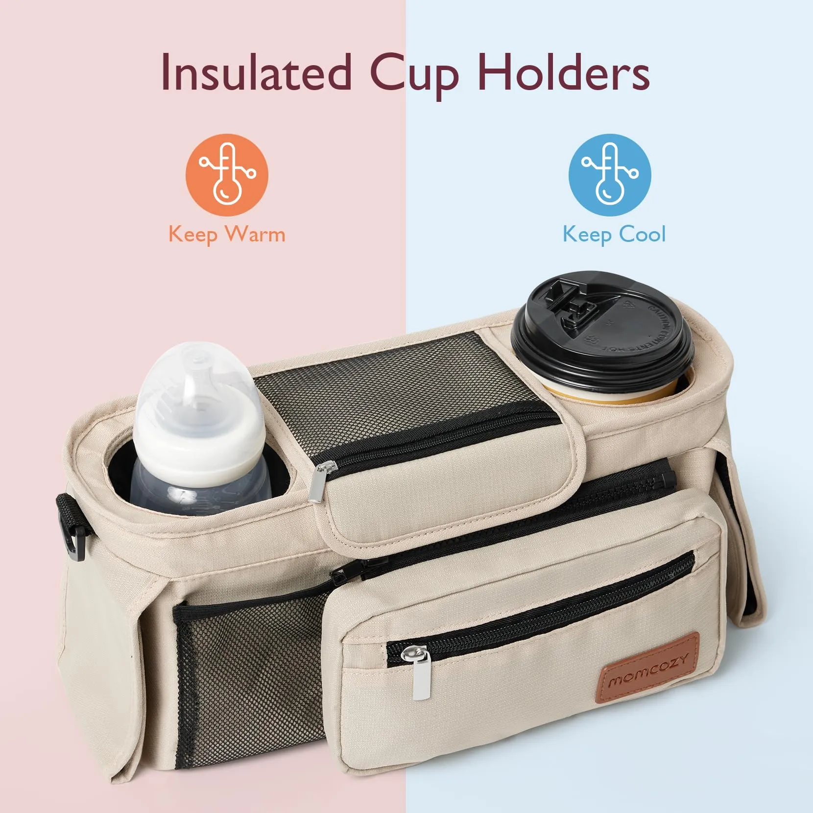 Momcozy Universal Baby Stroller Organizer, 2 Insulated Cup Holder, Detachable Zippered Pocket, Adjustable Shoulder Strap, Large capacity for baby essentials, Compact Design Fits Any Strollers