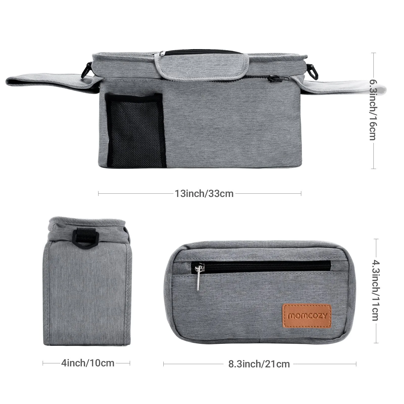 Momcozy Universal Baby Stroller Organizer, 2 Insulated Cup Holder, Detachable Zippered Pocket, Adjustable Shoulder Strap, Large capacity for baby essentials, Compact Design Fits Any Strollers
