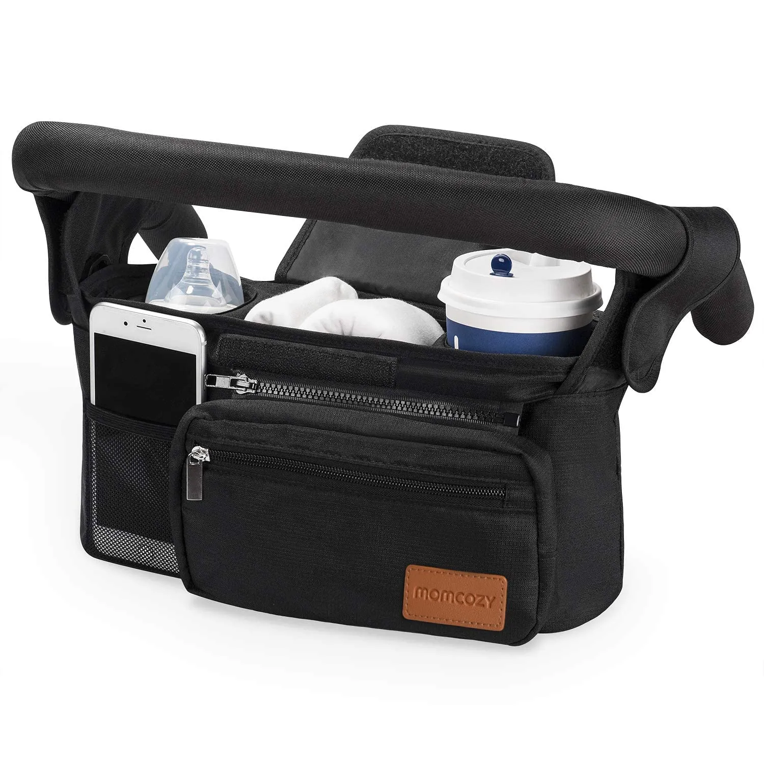 Momcozy Universal Baby Stroller Organizer, 2 Insulated Cup Holder, Detachable Zippered Pocket, Adjustable Shoulder Strap, Large capacity for baby essentials, Compact Design Fits Any Strollers