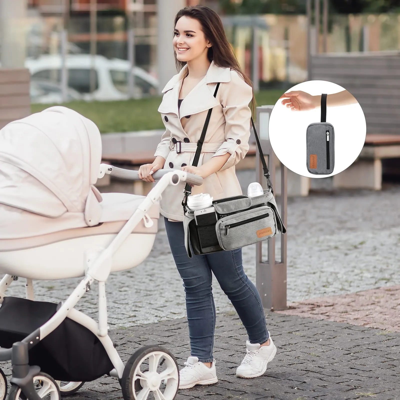 Momcozy Universal Baby Stroller Organizer, 2 Insulated Cup Holder, Detachable Zippered Pocket, Adjustable Shoulder Strap, Large capacity for baby essentials, Compact Design Fits Any Strollers