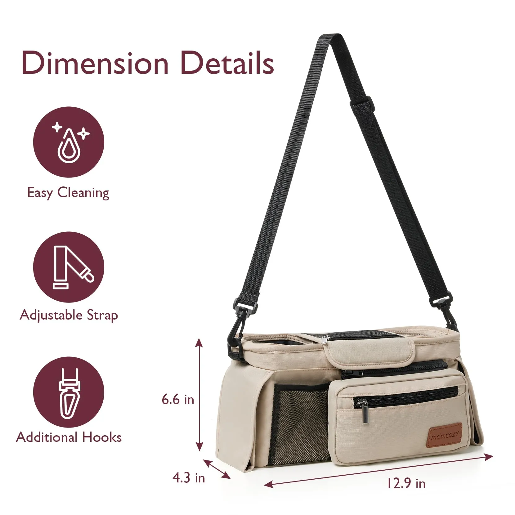 Momcozy Universal Baby Stroller Organizer, 2 Insulated Cup Holder, Detachable Zippered Pocket, Adjustable Shoulder Strap, Large capacity for baby essentials, Compact Design Fits Any Strollers