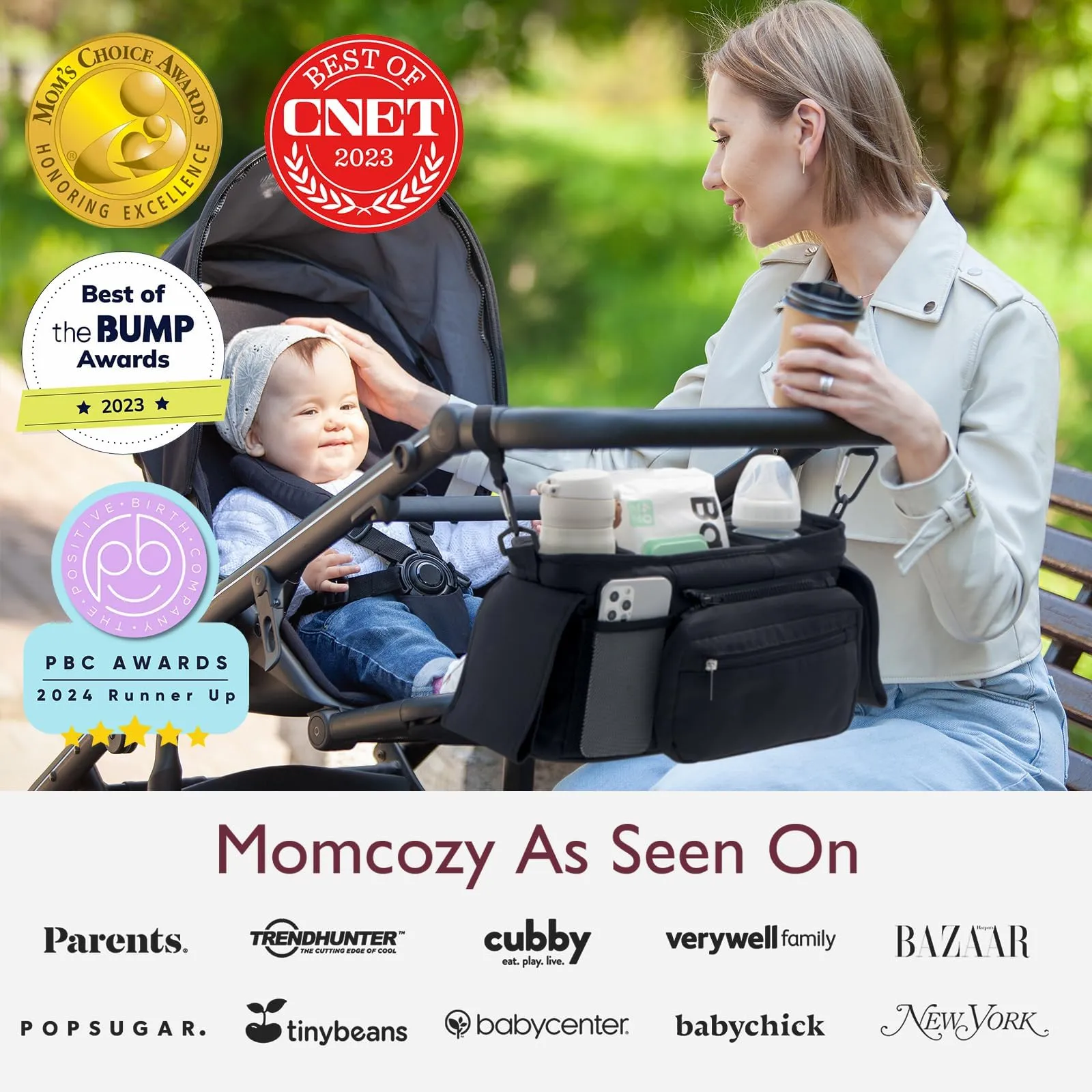Momcozy Universal Baby Stroller Organizer, 2 Insulated Cup Holder, Detachable Zippered Pocket, Adjustable Shoulder Strap, Large capacity for baby essentials, Compact Design Fits Any Strollers