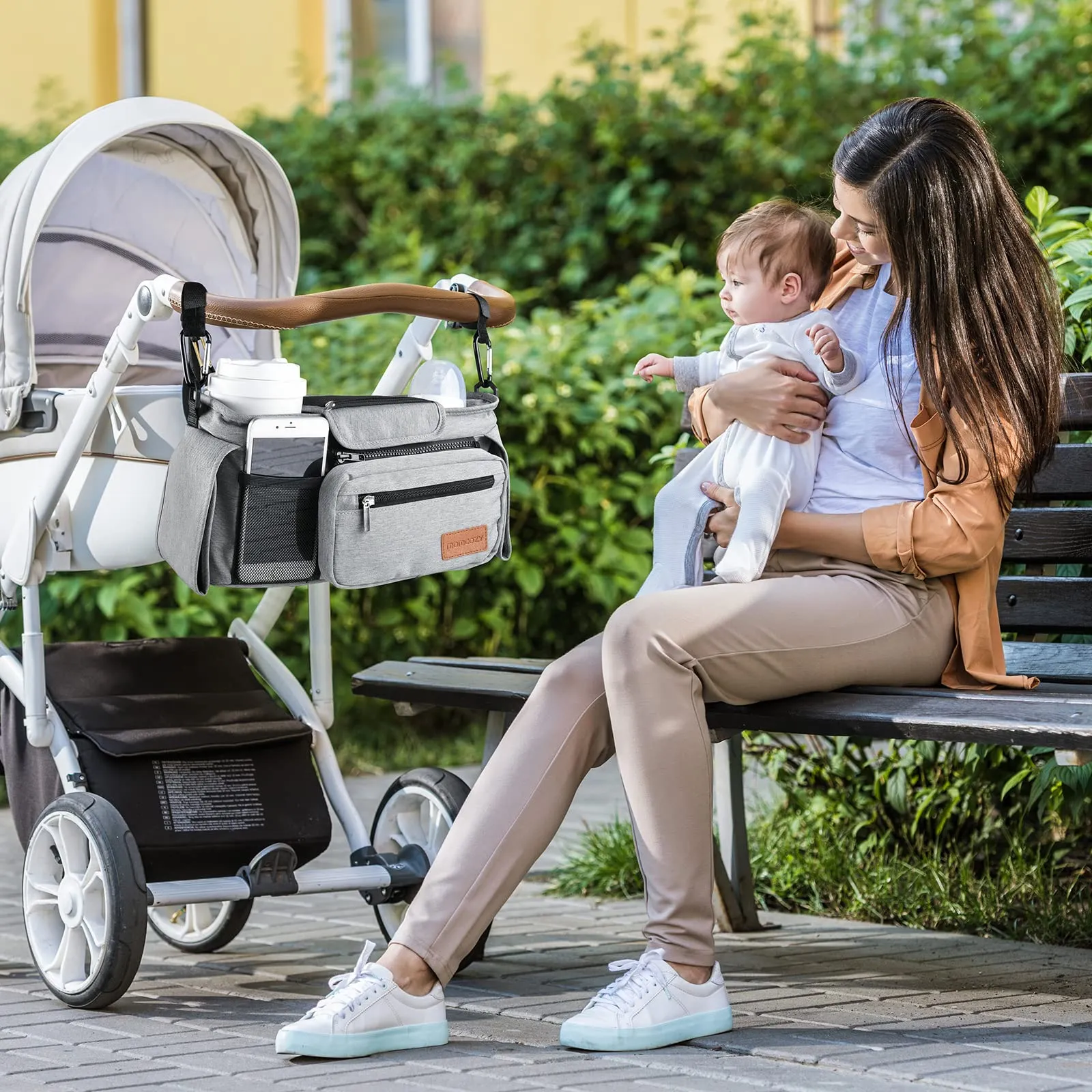 Momcozy Universal Baby Stroller Organizer, 2 Insulated Cup Holder, Detachable Zippered Pocket, Adjustable Shoulder Strap, Large capacity for baby essentials, Compact Design Fits Any Strollers