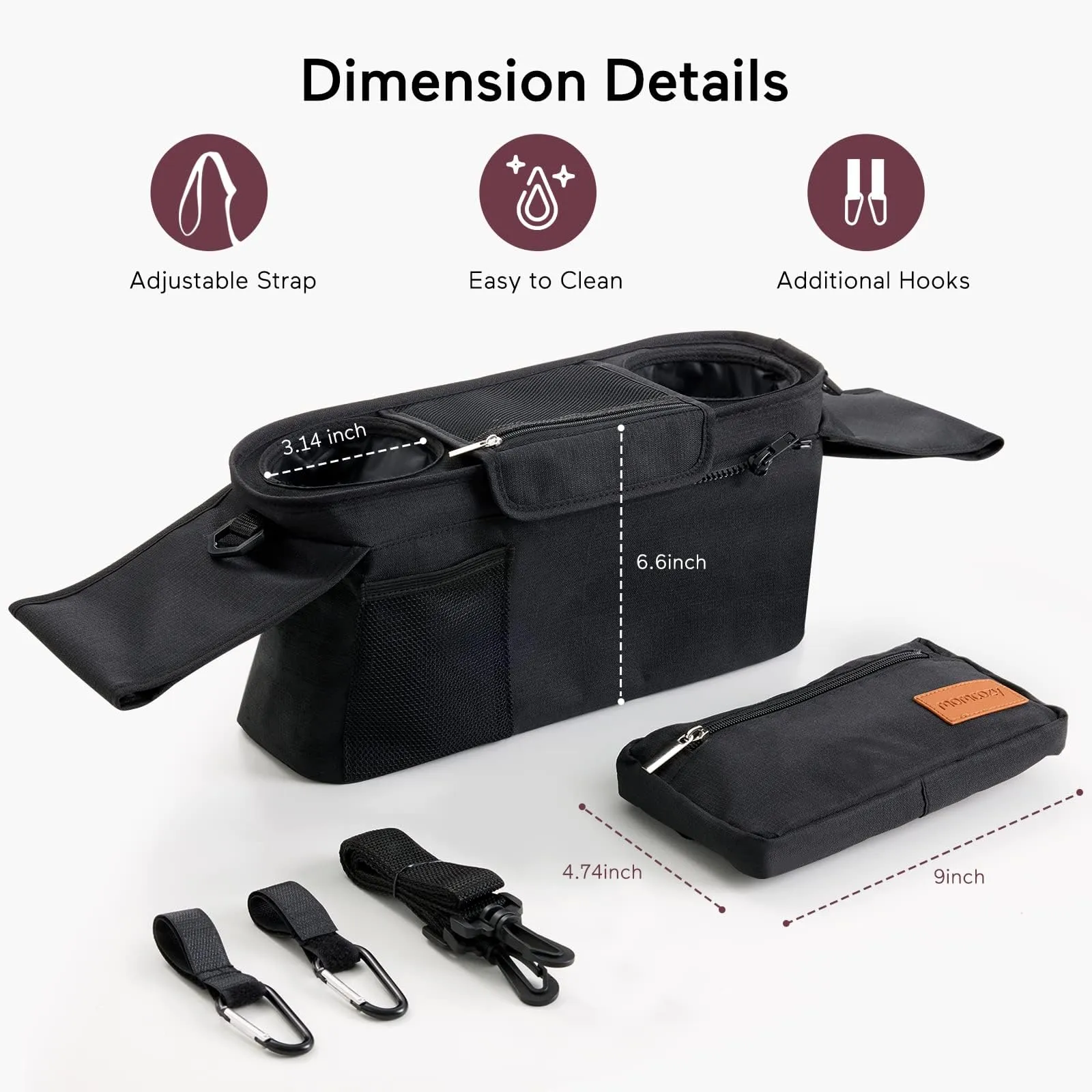 Momcozy Universal Baby Stroller Organizer, 2 Insulated Cup Holder, Detachable Zippered Pocket, Adjustable Shoulder Strap, Large capacity for baby essentials, Compact Design Fits Any Strollers