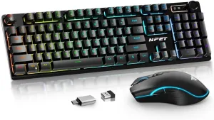 NPET S21PRO Wireless Gaming Keyboard and Mouse Combo, LED Backlit Rechargeable 3800mAh Battery, Mechanical Feel Anti-ghosting Keyboard   3200DPI Mice for PC Gamer (USB Receiver is Under The Mouse)