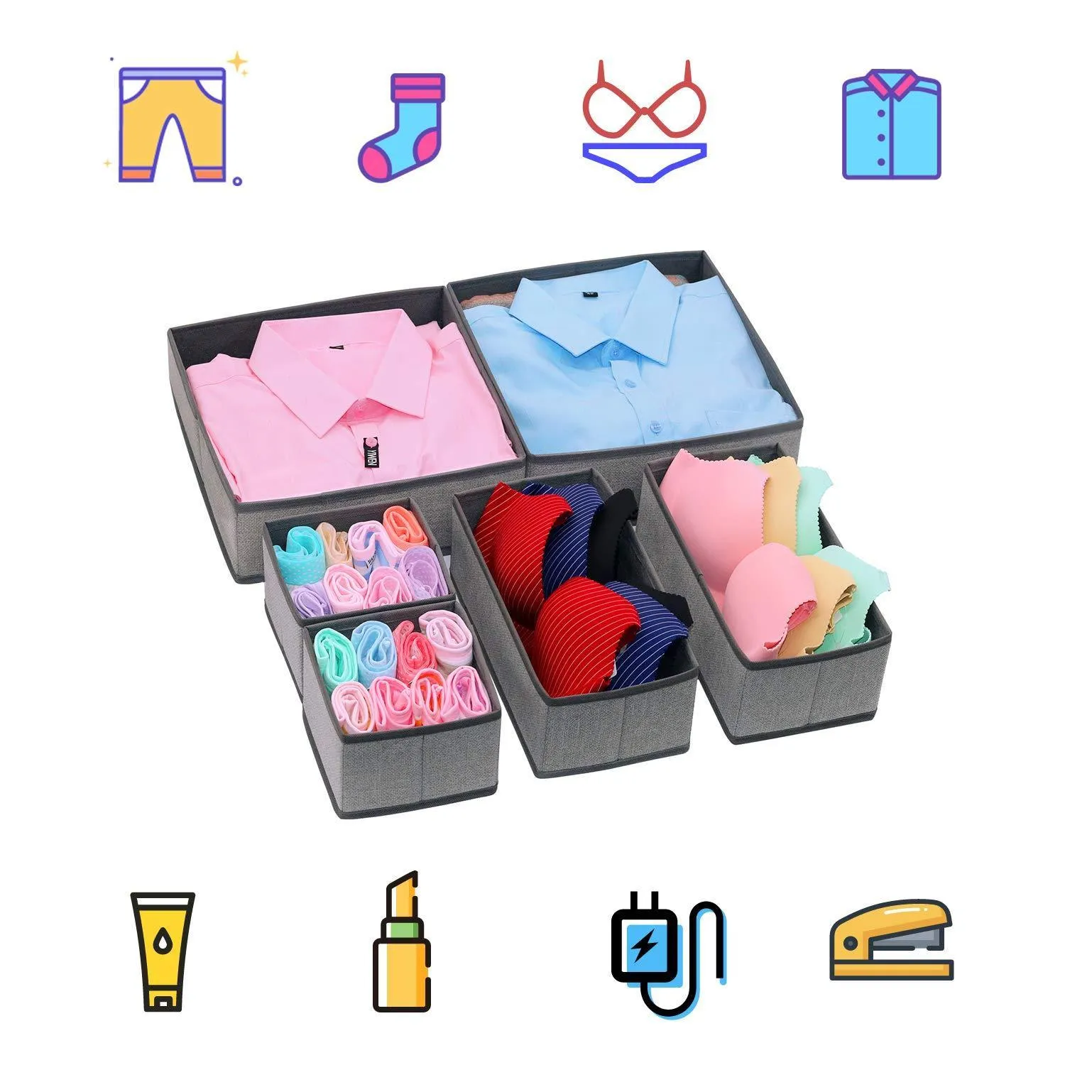 Onlyeasy Foldable Cloth Storage Box Closet Dresser Drawer Organizer Cube Basket Bins Containers Divider with Drawers for Scarves, Underwear, Bras, Socks, Ties, 6 Pack, Linen-Like Grey, MXDCB6P