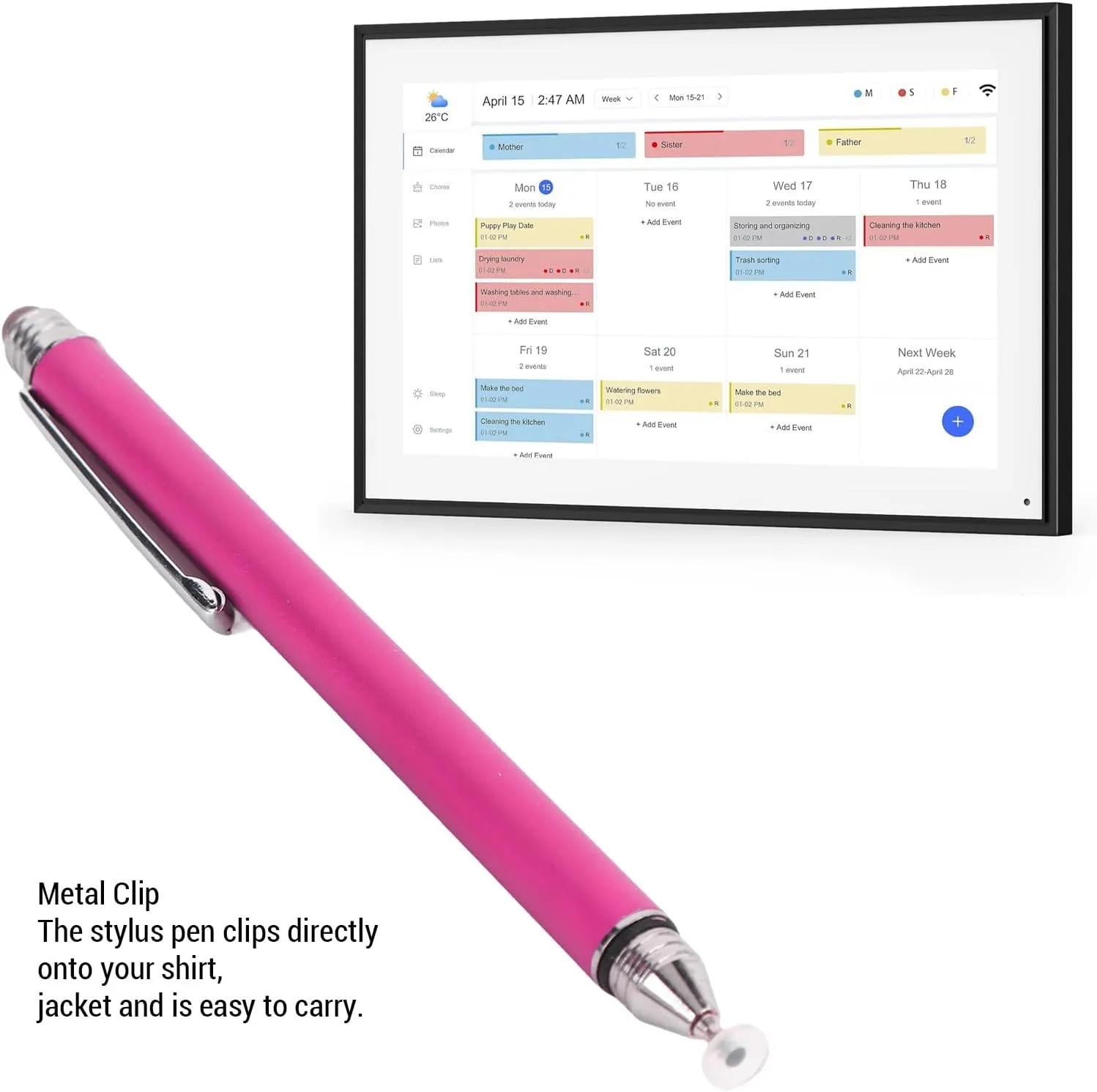 Pen Compatible with Skylight Calendar, Changingtouch Smart Display,Canupdog Kaclendar Digital Calendar, DualTip Capacitive Stylus, Disc Tip Capacitive Pen (Rose Red)