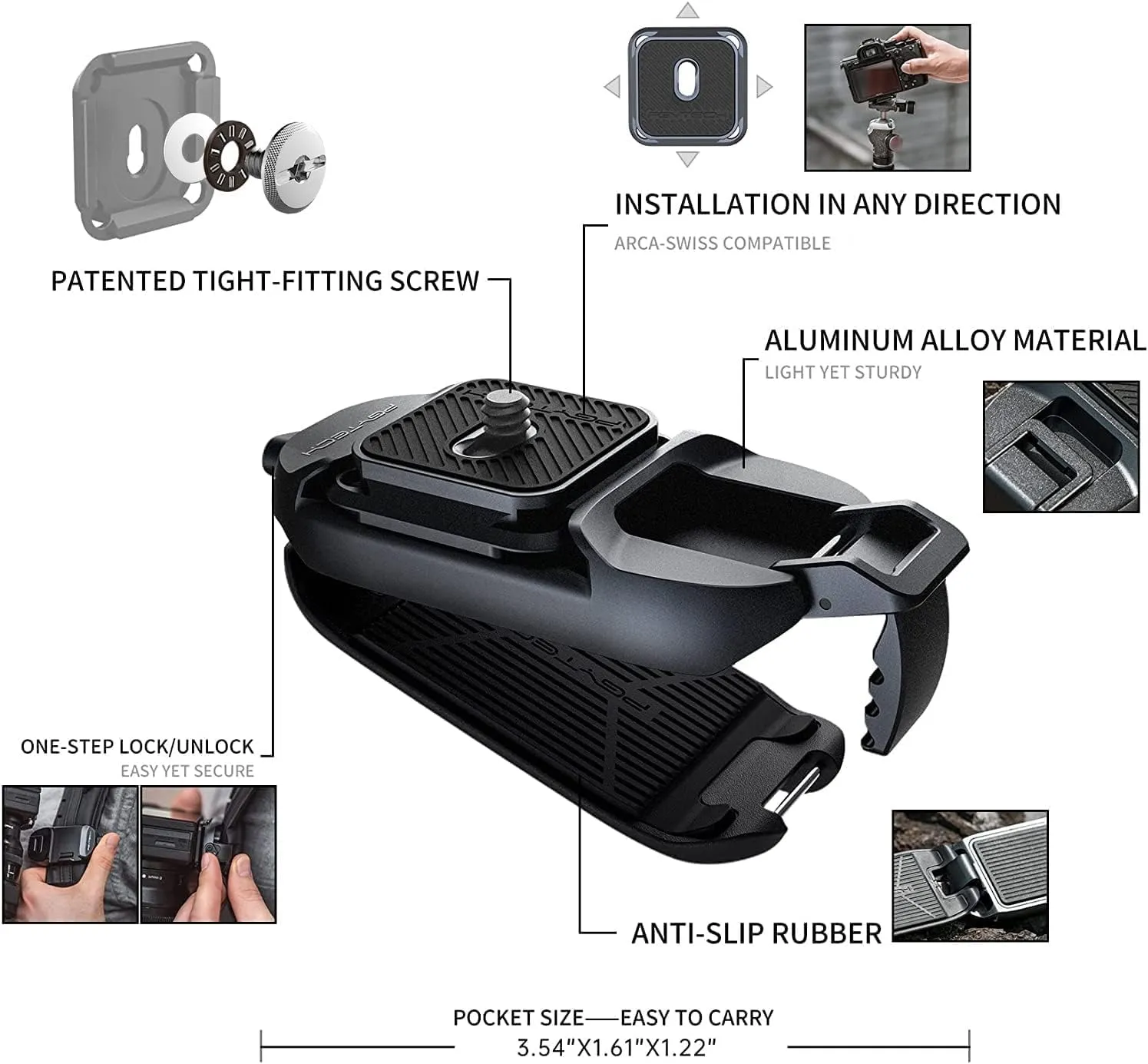 PGYTECH Beetle Camera Clip with Plate for Cameras & Action Camera Quick Release System for Sony, Nikon, Fuji, DSLR Action Camera Backpack Camera Strap Mount (for Action Camera&Cameras)