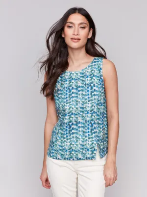 Printed Sleeveless Linen Blend Top with Slit - Lilypad