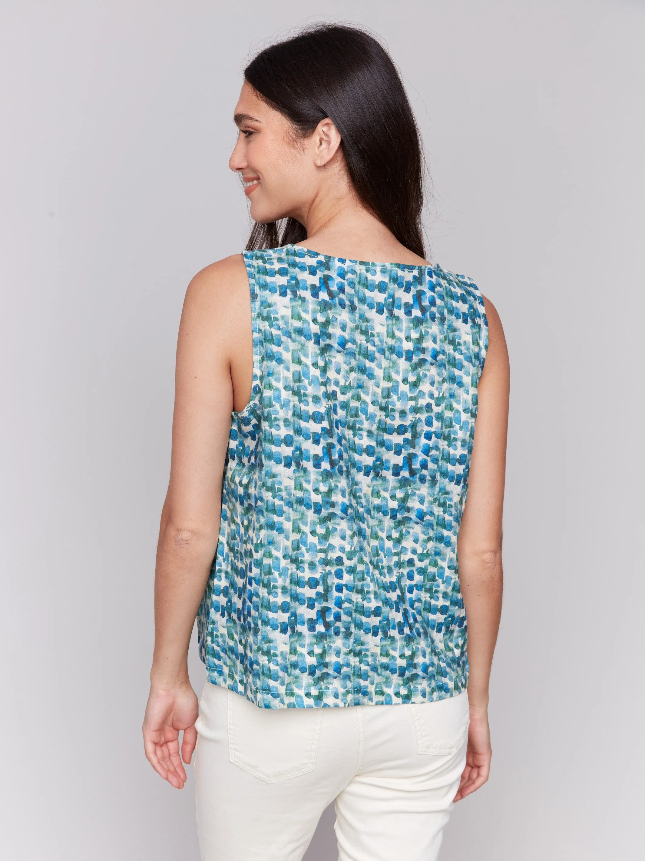 Printed Sleeveless Linen Blend Top with Slit - Lilypad