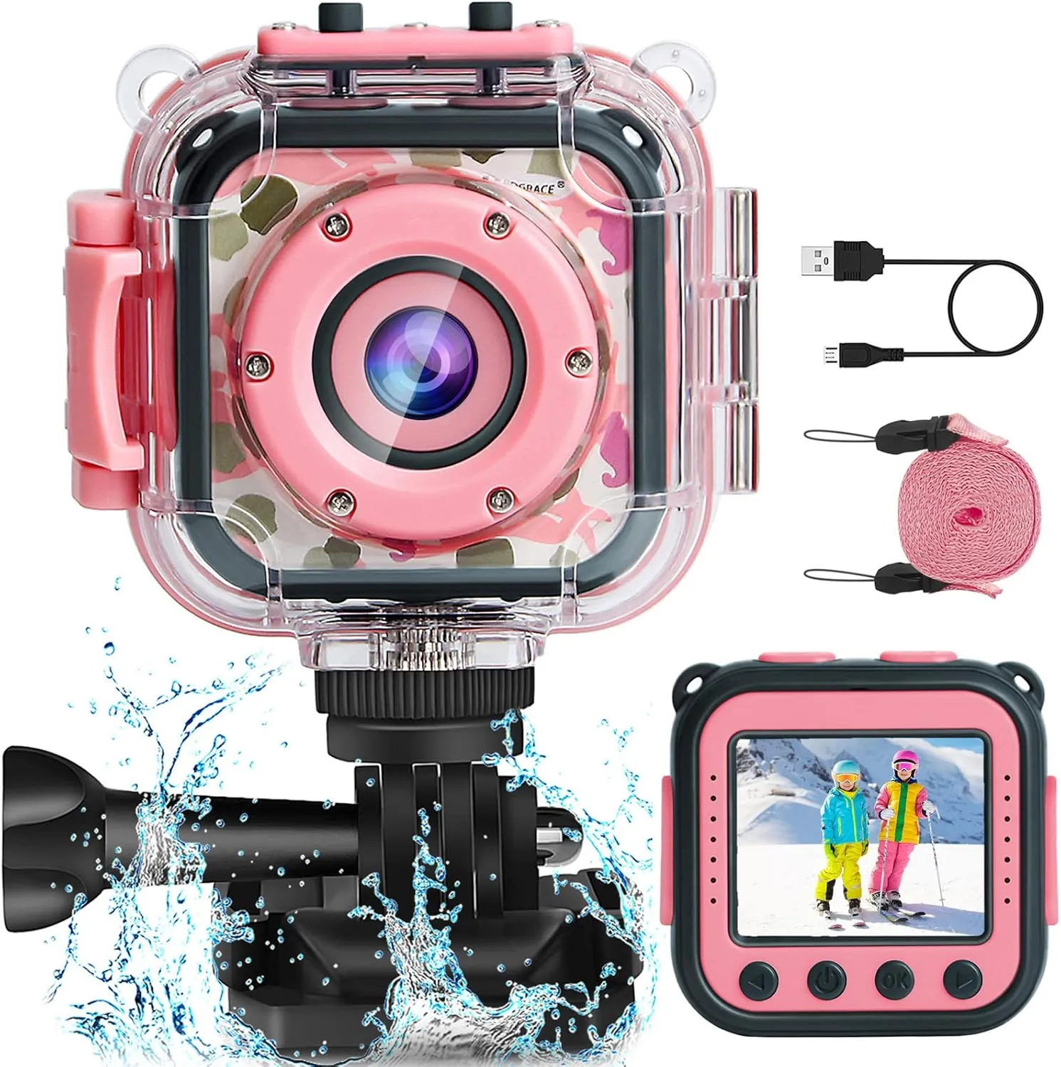PROGRACE Kids Camera Waterproof- Children Digital Video Cameras Underwater Camera Toy for Kids 1080P DV Toddler Cameras for Girls Birthday Pool Toys Age 3-14