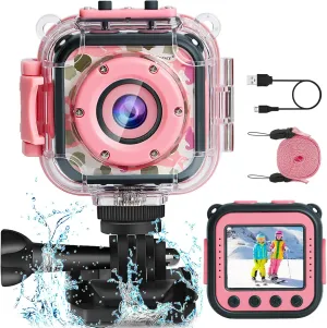 PROGRACE Kids Camera Waterproof- Children Digital Video Cameras Underwater Camera Toy for Kids 1080P DV Toddler Cameras for Girls Birthday Pool Toys Age 3-14