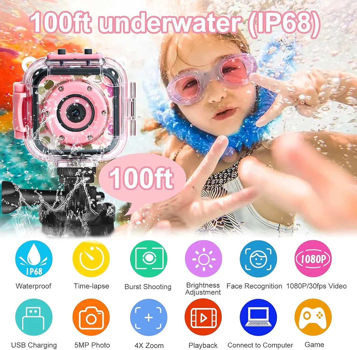 PROGRACE Kids Camera Waterproof- Children Digital Video Cameras Underwater Camera Toy for Kids 1080P DV Toddler Cameras for Girls Birthday Pool Toys Age 3-14