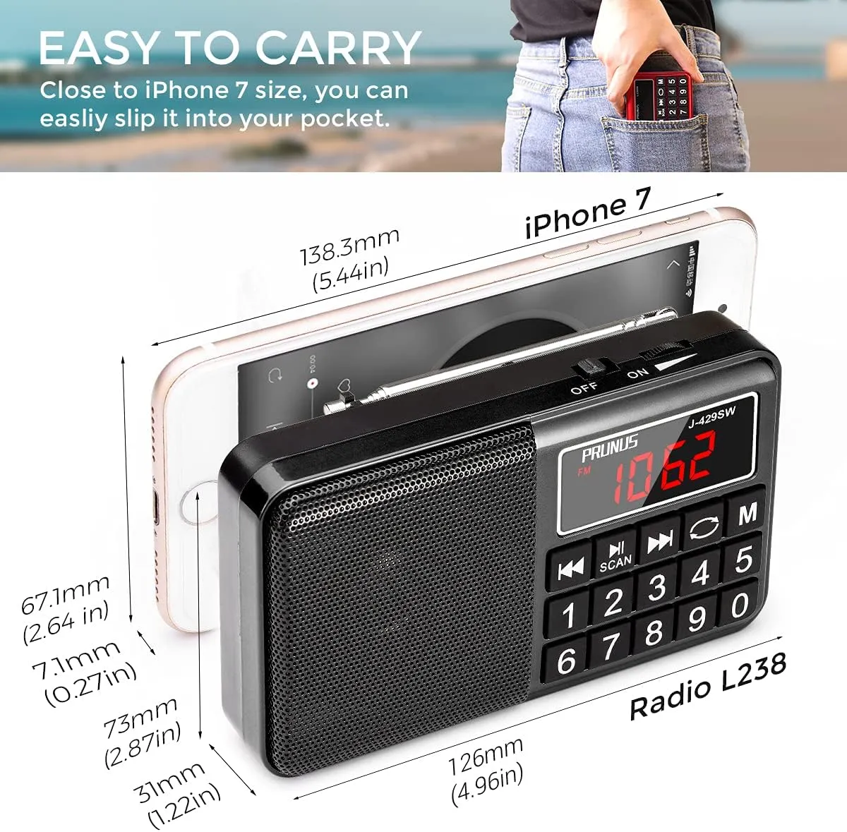 PRUNUS 429 Small Pocket AM FM Radio, USB Charging, Large Button, Neodymium Speaker, Auto Save, USB Flash Drive, SD Card AUX Input MP3, Shortwave for Elderly and Senior (Black)