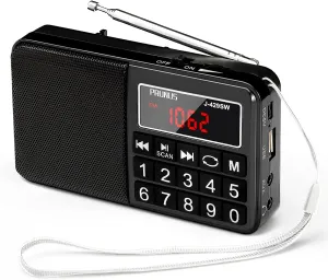 PRUNUS 429 Small Pocket AM FM Radio, USB Charging, Large Button, Neodymium Speaker, Auto Save, USB Flash Drive, SD Card AUX Input MP3, Shortwave for Elderly and Senior (Black)
