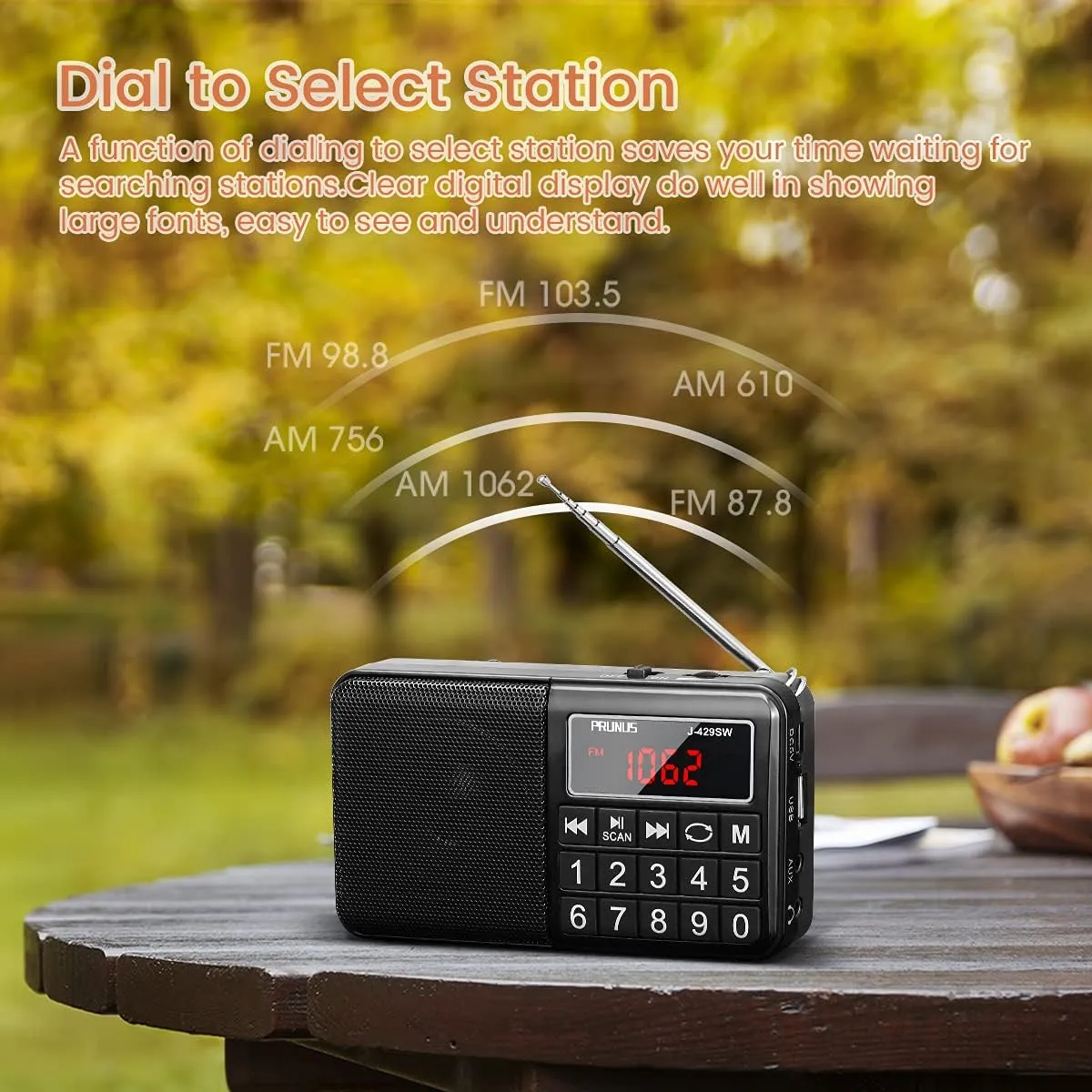 PRUNUS 429 Small Pocket AM FM Radio, USB Charging, Large Button, Neodymium Speaker, Auto Save, USB Flash Drive, SD Card AUX Input MP3, Shortwave for Elderly and Senior (Black)