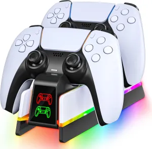 PS5 Controller Charger Station for PlayStation 5 Dualsense/Dualsense Edge, Charging Station with 4 RGB Light, PS5 Controller Accessories Charging Dock, Black White