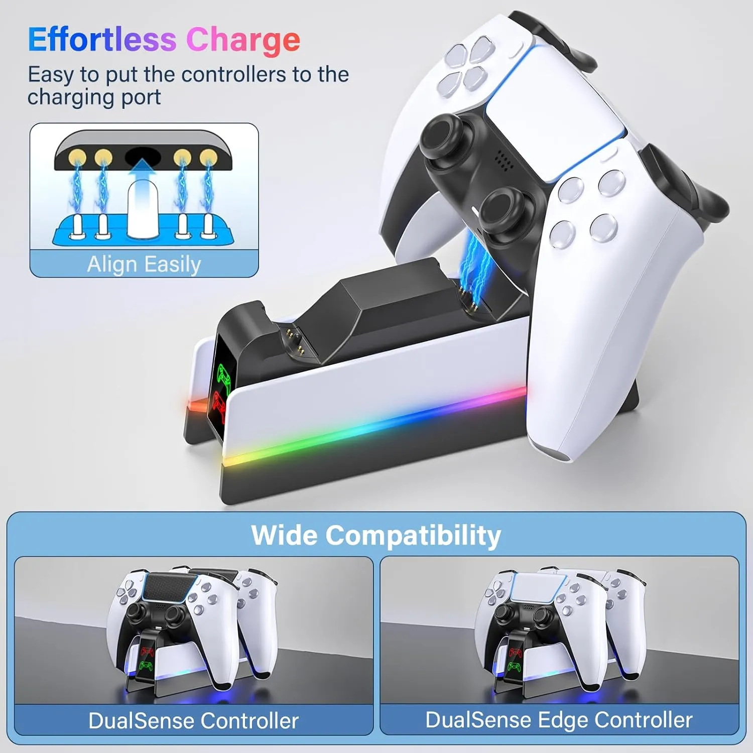 PS5 Controller Charger Station for PlayStation 5 Dualsense/Dualsense Edge, Charging Station with 4 RGB Light, PS5 Controller Accessories Charging Dock, Black White