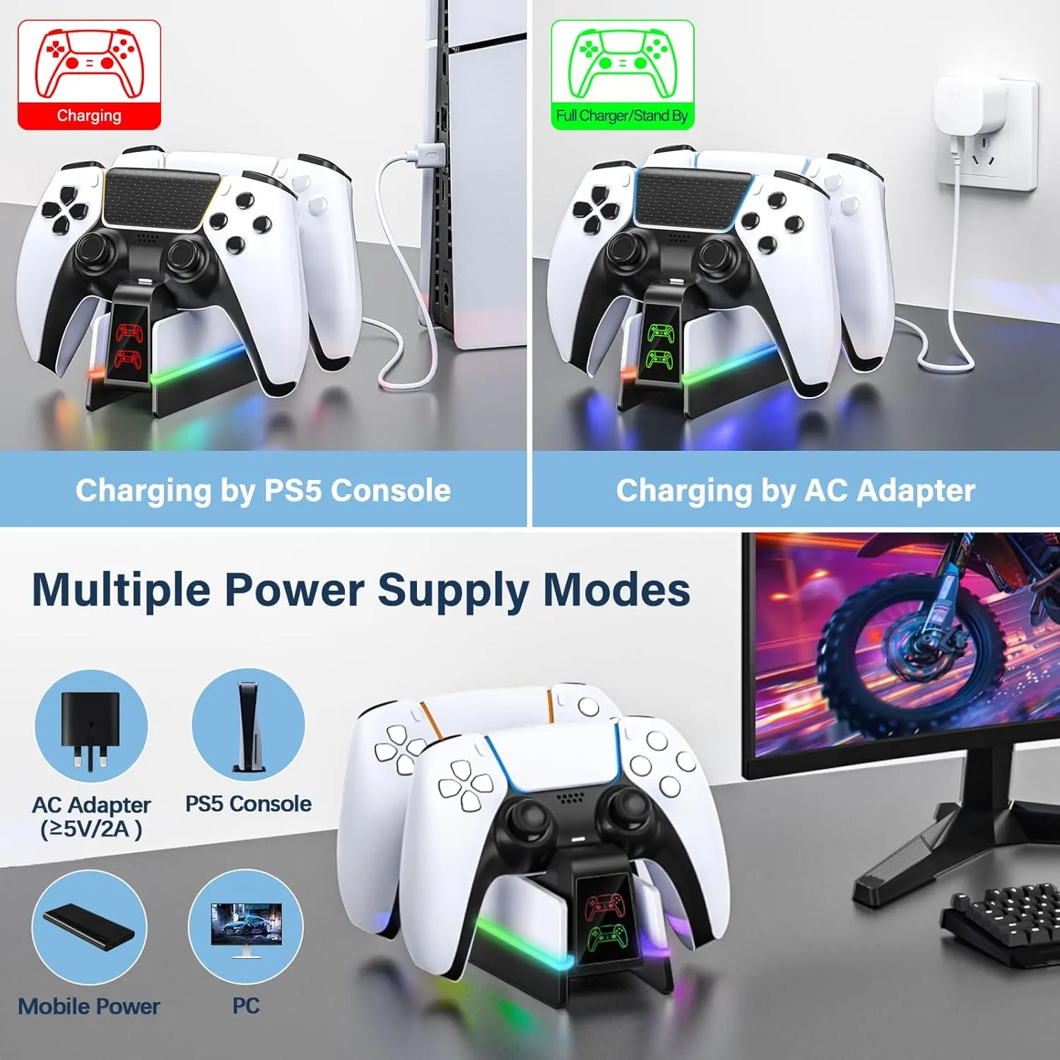 PS5 Controller Charger Station for PlayStation 5 Dualsense/Dualsense Edge, Charging Station with 4 RGB Light, PS5 Controller Accessories Charging Dock, Black White
