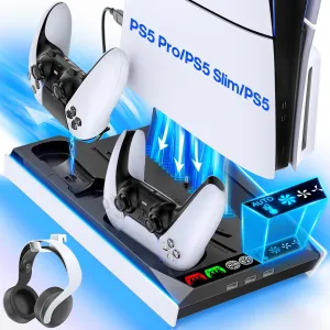 PS5/Slim/Pro Cooling Station with Auto Turbofan & 3-Level Speed, PS5 Stand, Cooling Fan Station with Controller Charger, Charging Station for All PlayStation 5 Console, Cooling Stand Gaming Accessorie