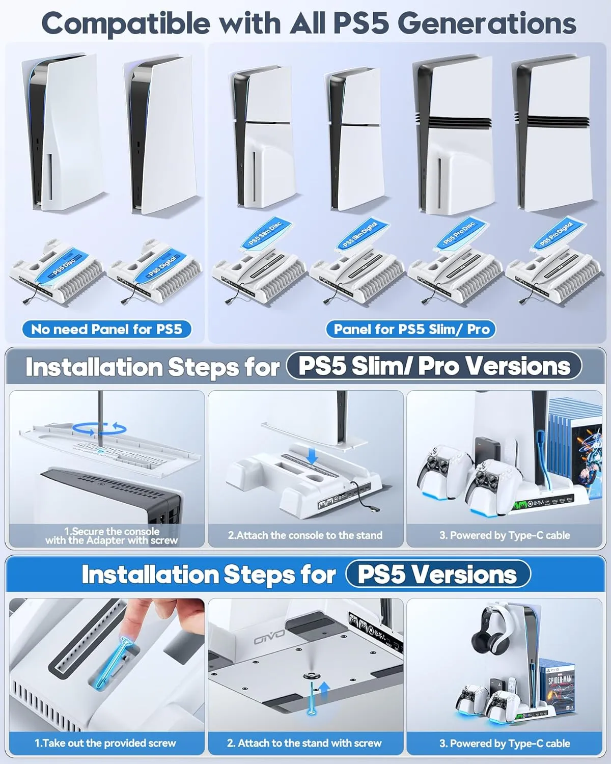 PS5/Slim/Pro Stand and Cooling Station with LED Controller Charging Station for PlayStation 5 Console, Controller Charger, Cooling Stand, PS5/Slim/Pro Accessories Kit with 3 Level Cooler Fan