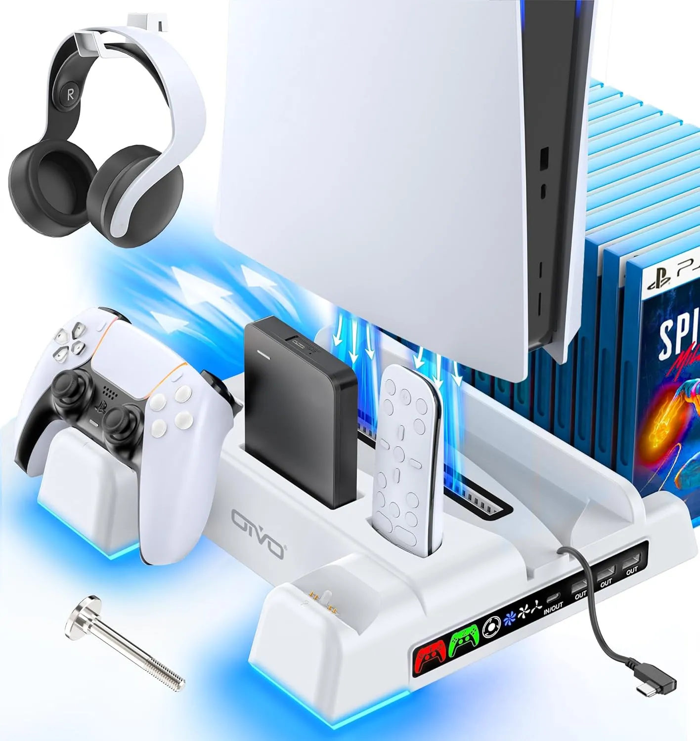 PS5/Slim/Pro Stand and Cooling Station with LED Controller Charging Station for PlayStation 5 Console, Controller Charger, Cooling Stand, PS5/Slim/Pro Accessories Kit with 3 Level Cooler Fan