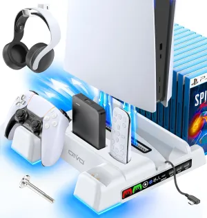 PS5/Slim/Pro Stand and Cooling Station with LED Controller Charging Station for PlayStation 5 Console, Controller Charger, Cooling Stand, PS5/Slim/Pro Accessories Kit with 3 Level Cooler Fan